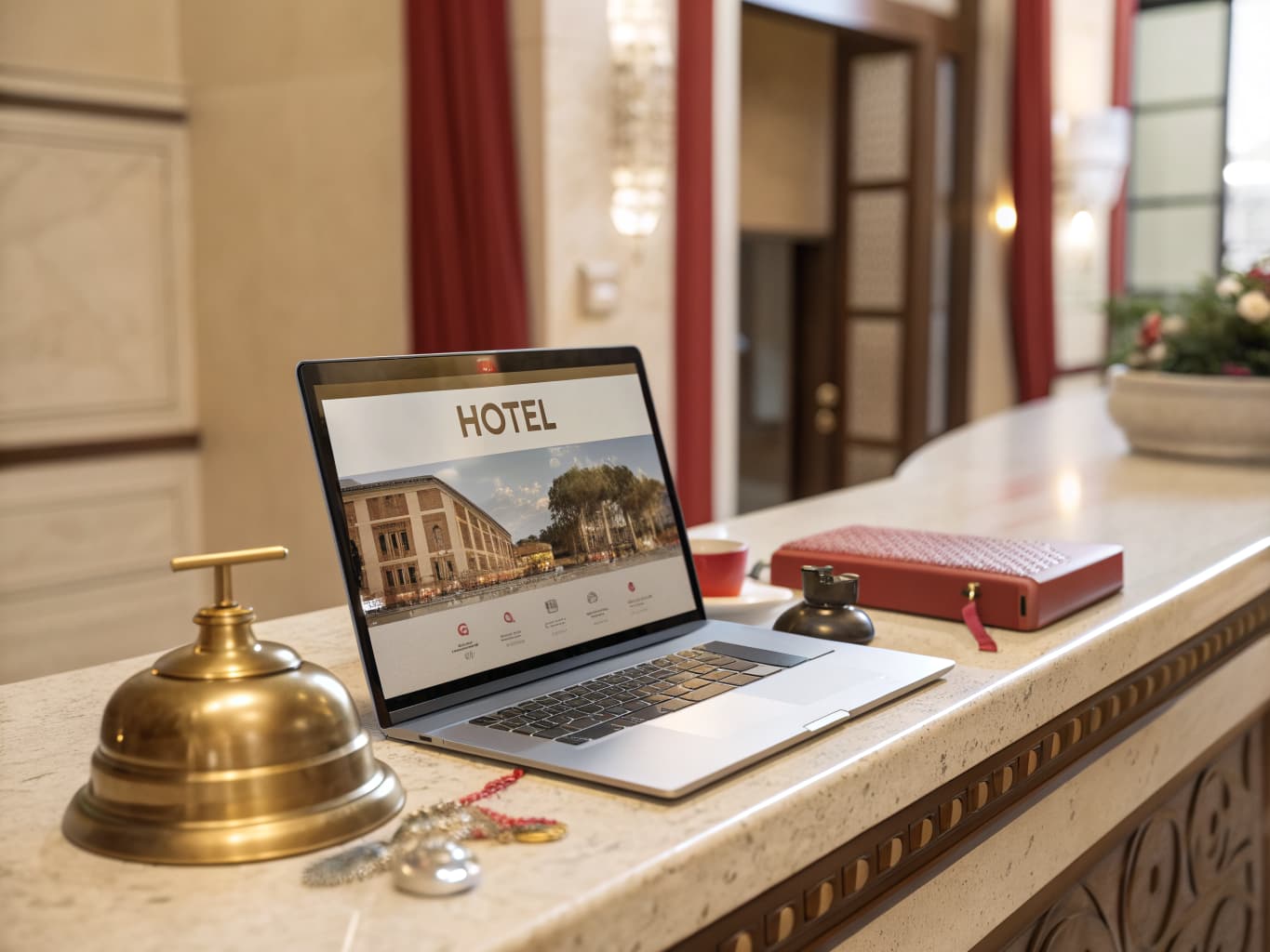 AI-powered hotel website redesign on a laptop at a hotel front desk