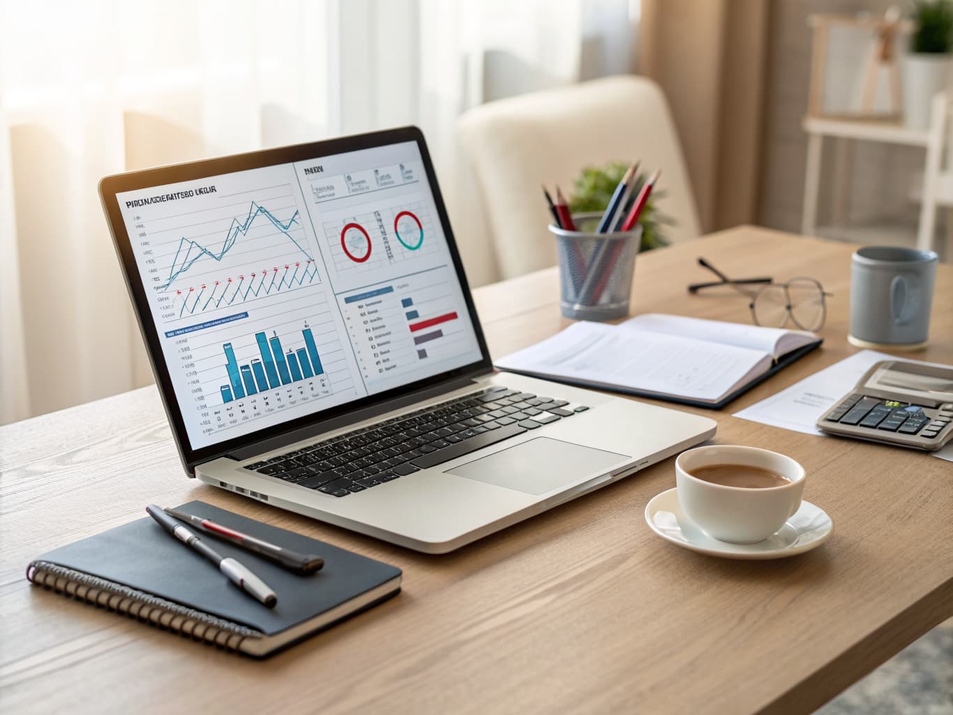 Laptop showing analytics charts on a hotel manager desk
