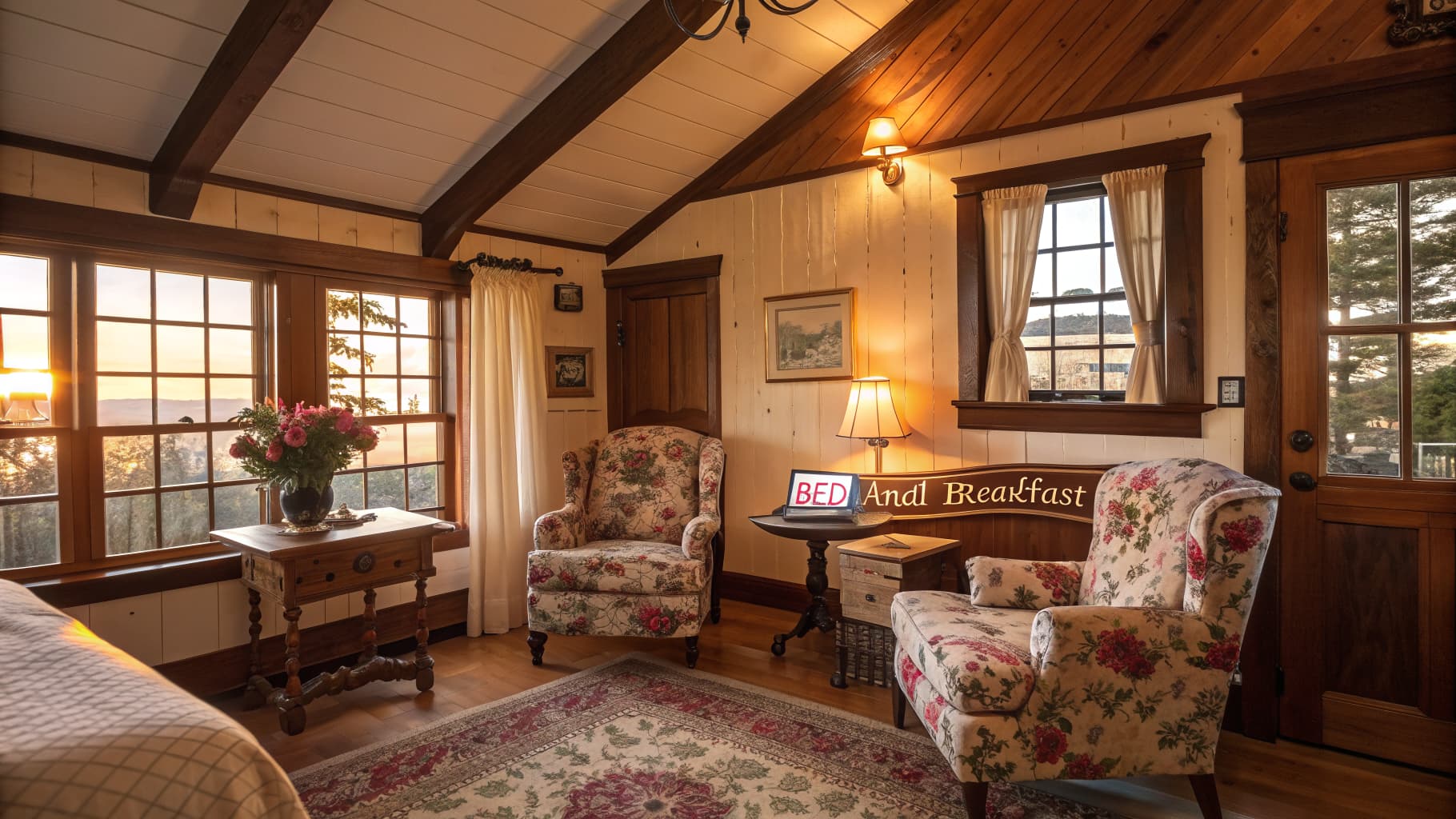 Cozy Bed & Breakfast sitting room at golden hour with a laptop showing an inn website