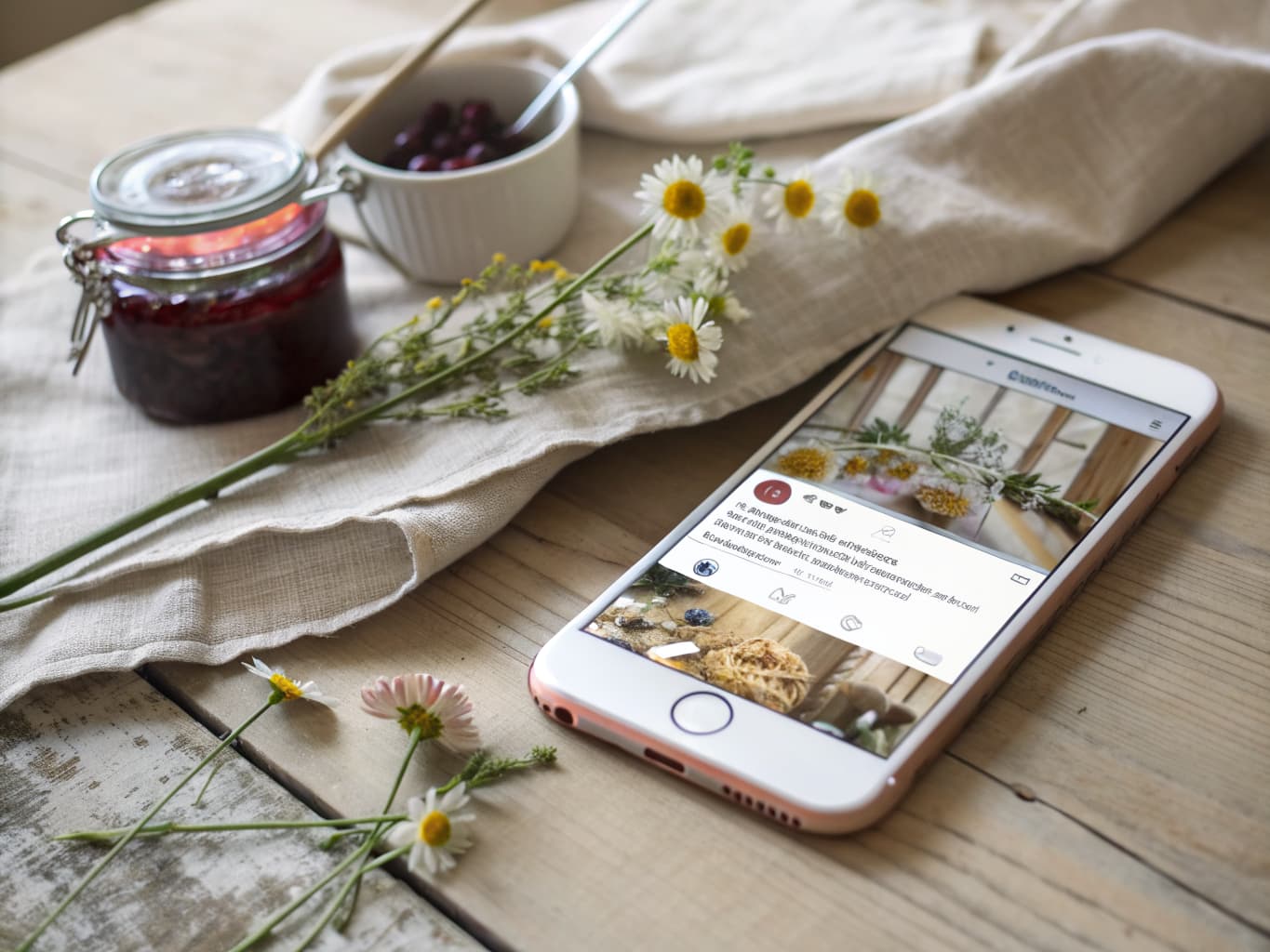 Smartphone showing a Bed & Breakfast social media feed of guest rooms and breakfast dishes on a rustic table