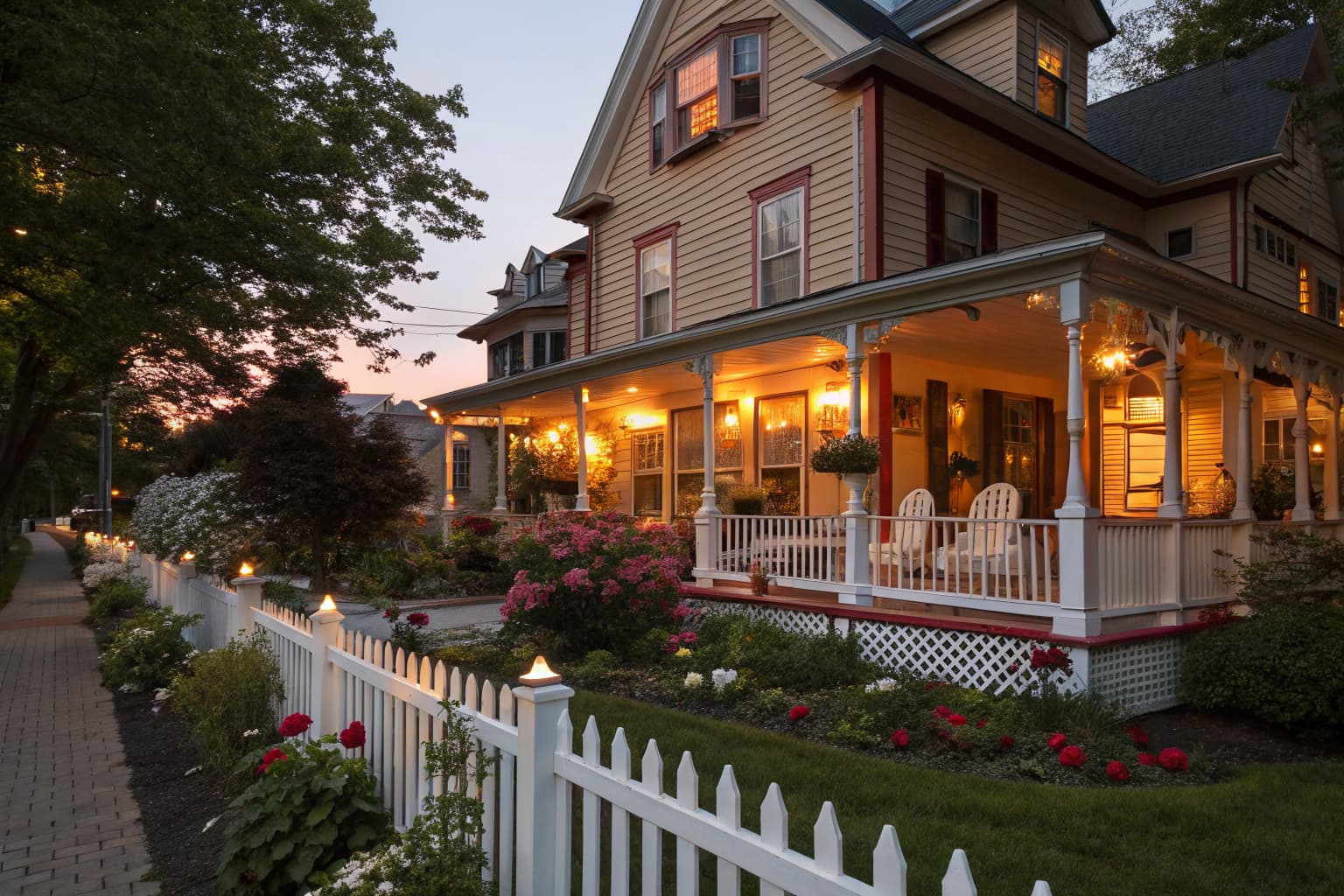 Charming bed and breakfast inn exterior with glowing porch lights at dusk