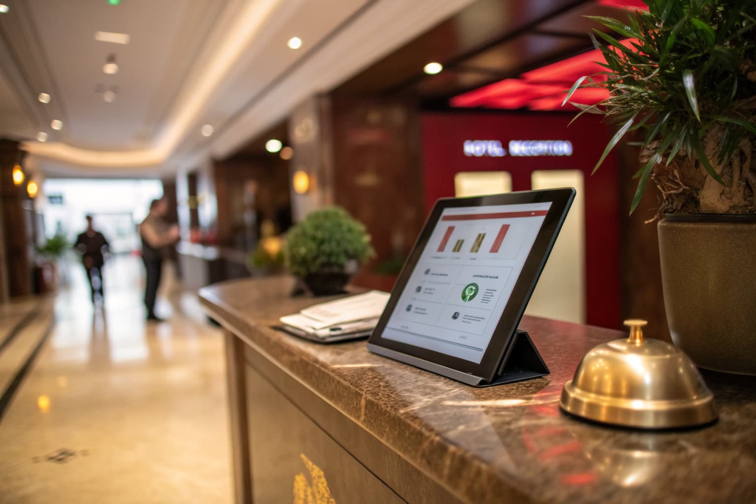 Hotel marketing audit concept: tablet showing a checklist and performance score on a hotel reception counter