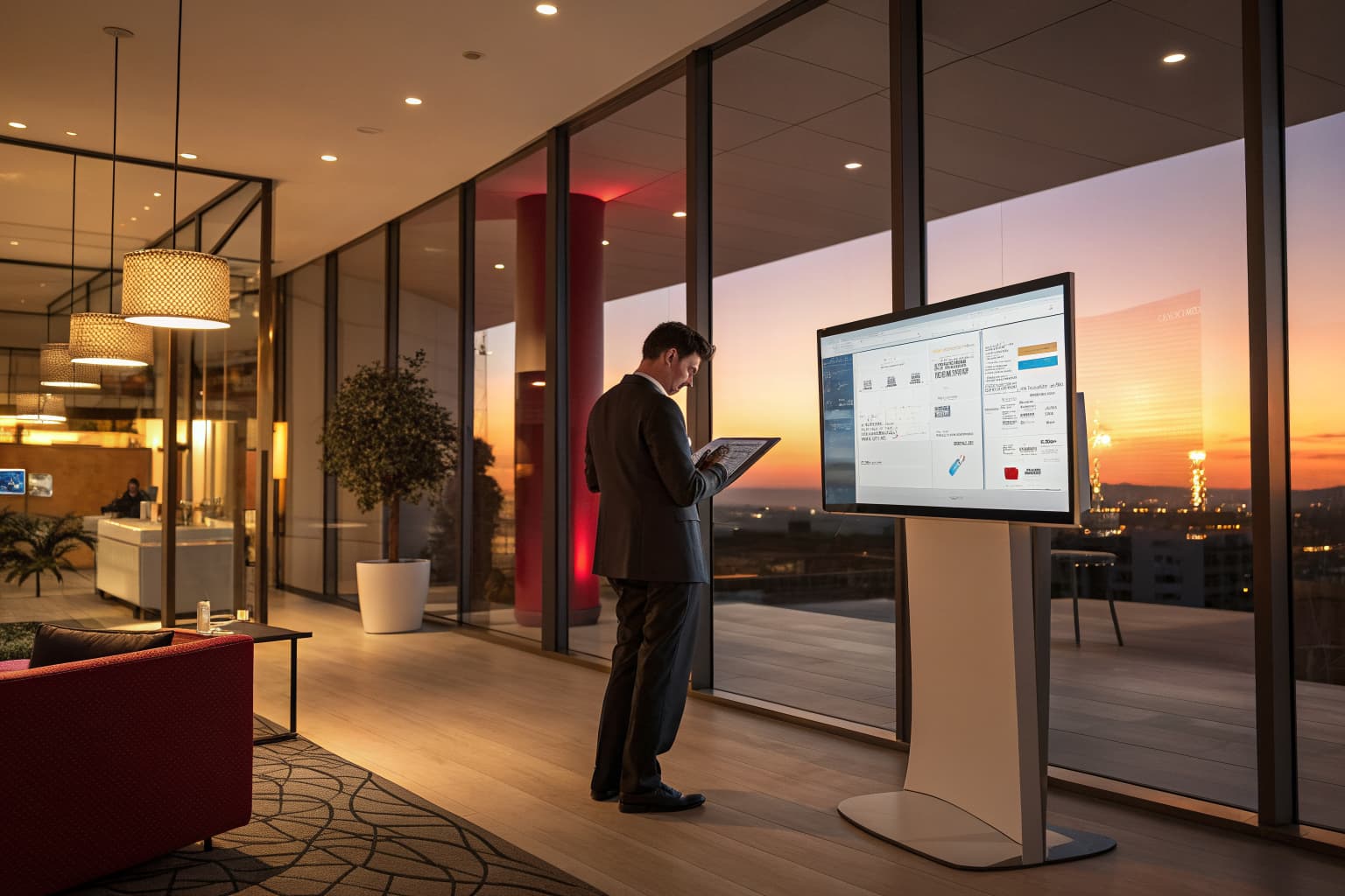 Hotel marketing strategist reviewing a digital booking funnel dashboard in a hotel lobby