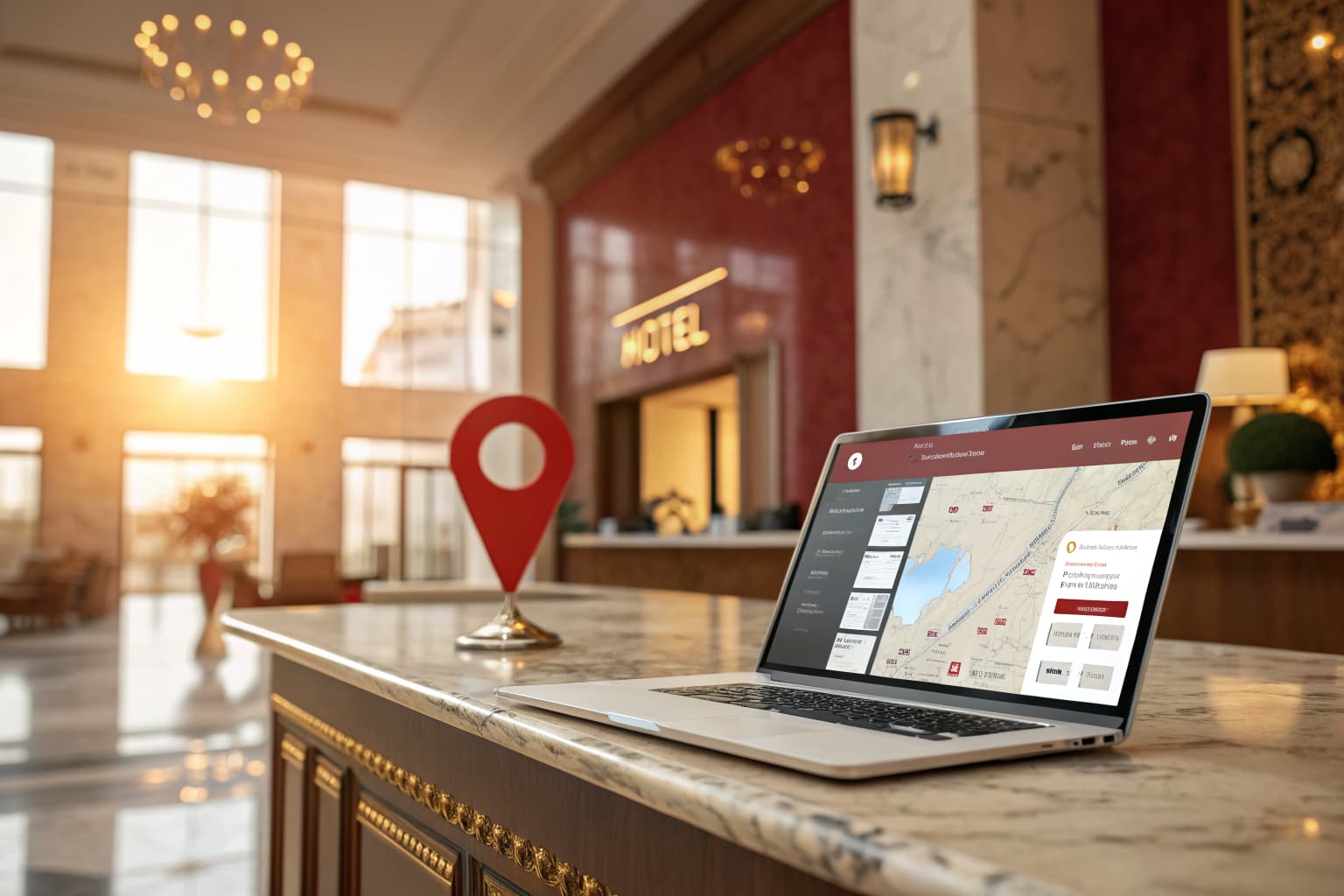 Hotel SEO concept: laptop showing search results and a map pin on a hotel concierge desk