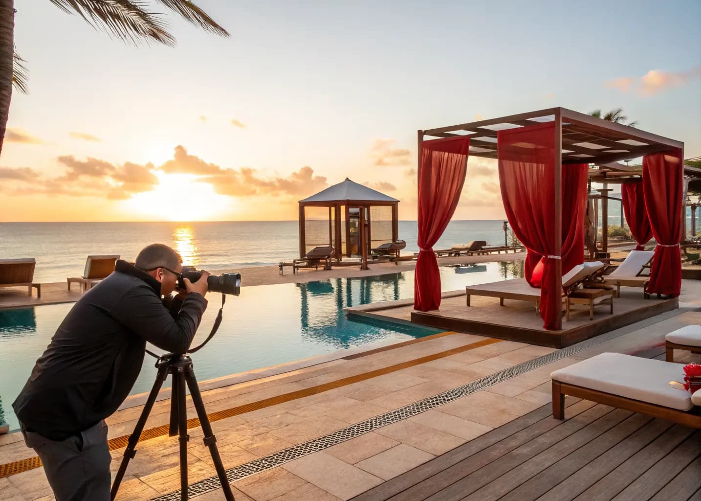 Resort brand and visual storytelling: photographer shooting a styled pool deck and cabana at golden hour