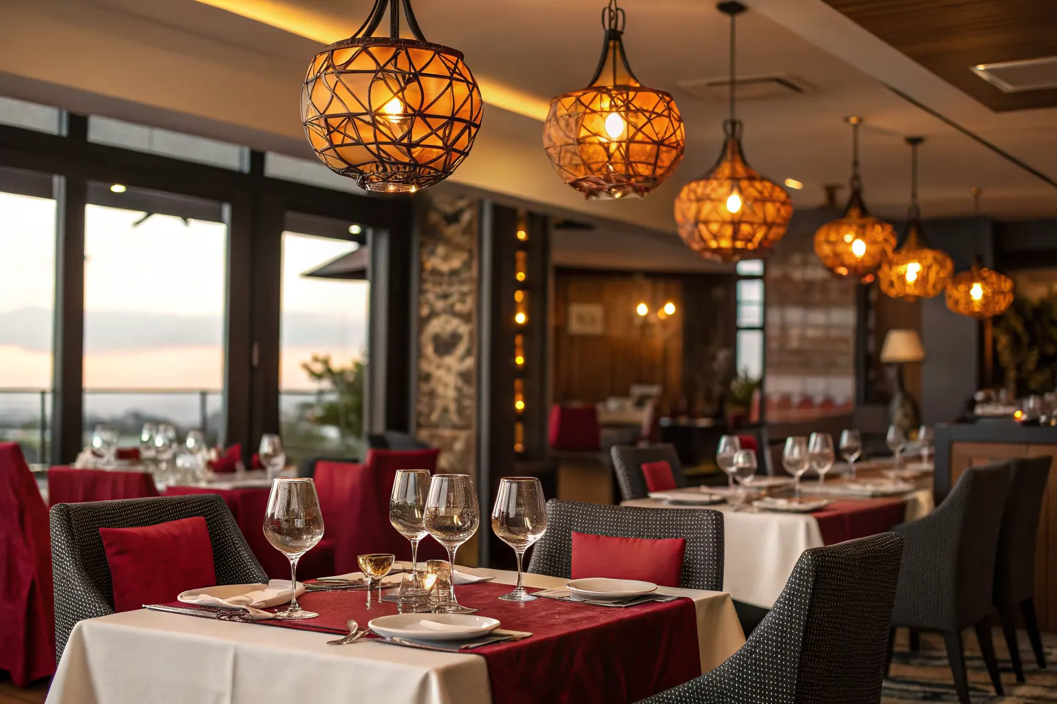 Elegant restaurant dining room with warm pendant lighting and set tables