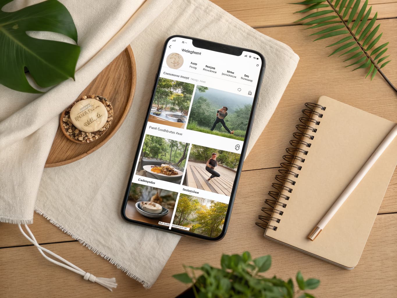 Smartphone showing a retreat social media feed next to a notebook