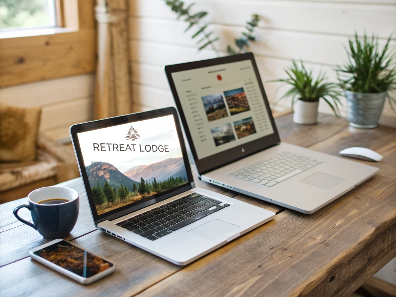 Laptop and phone showing a retreat lodge website on a wooden desk