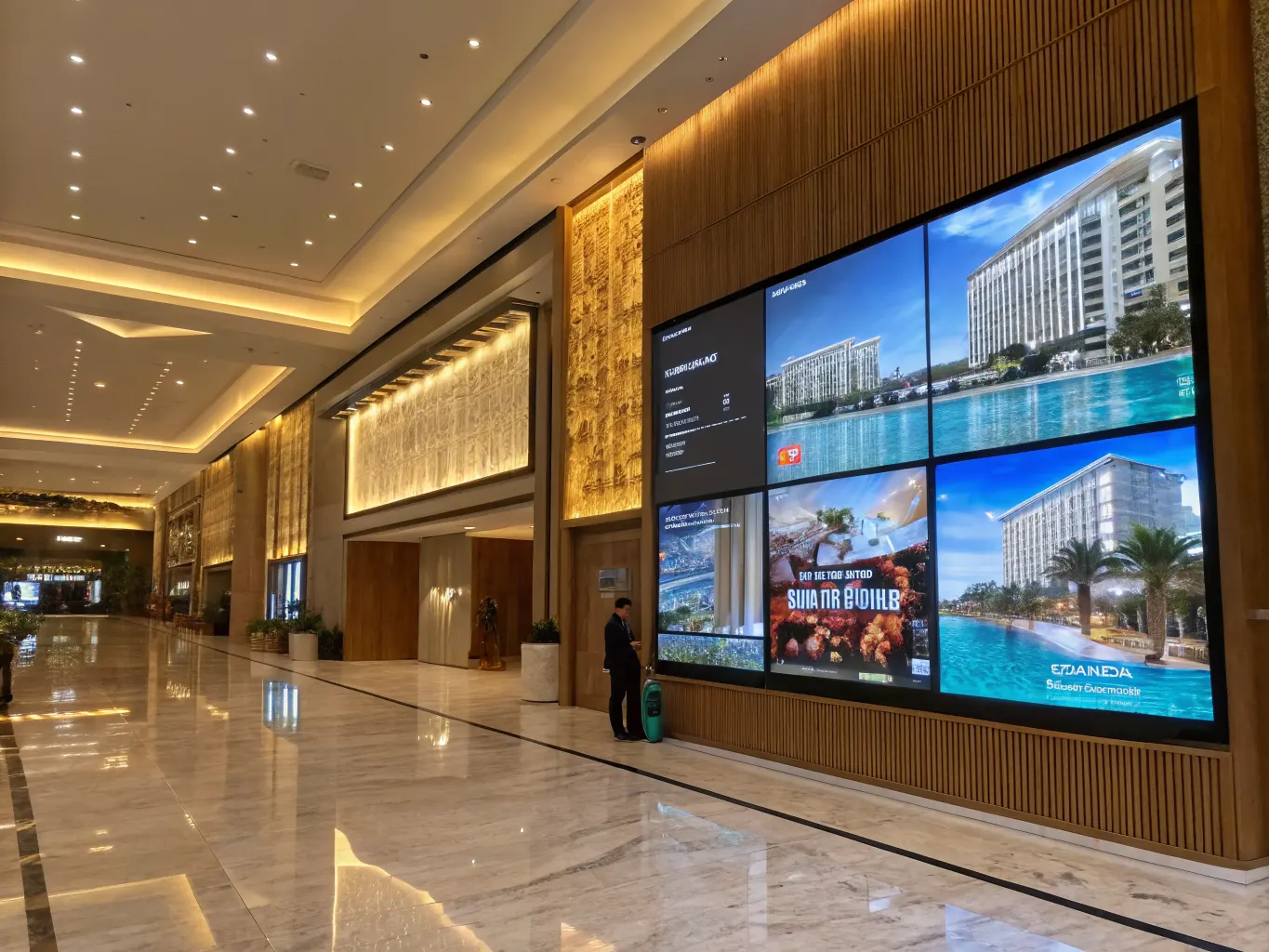 Luxury hotel lobby with large-format digital signage displays showing vibrant promotional content and wayfinding