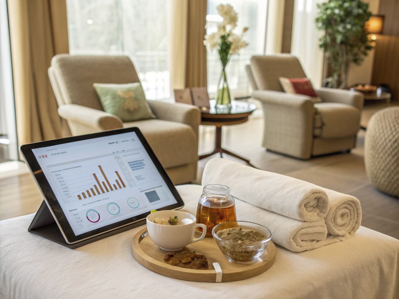 Tablet showing an analytics dashboard in a spa relaxation lounge with herbal tea