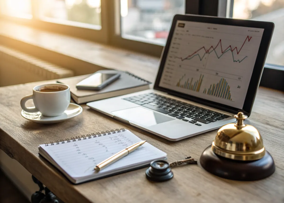 Laptop with rising analytics charts beside a notebook and a brass service bell on a hotel manager desk