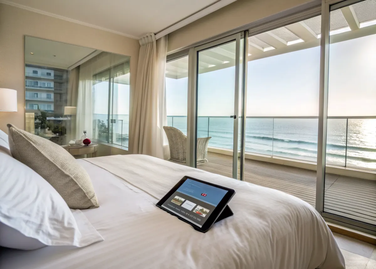 Tablet on a hotel bed showing a mobile booking screen with an ocean view behind it