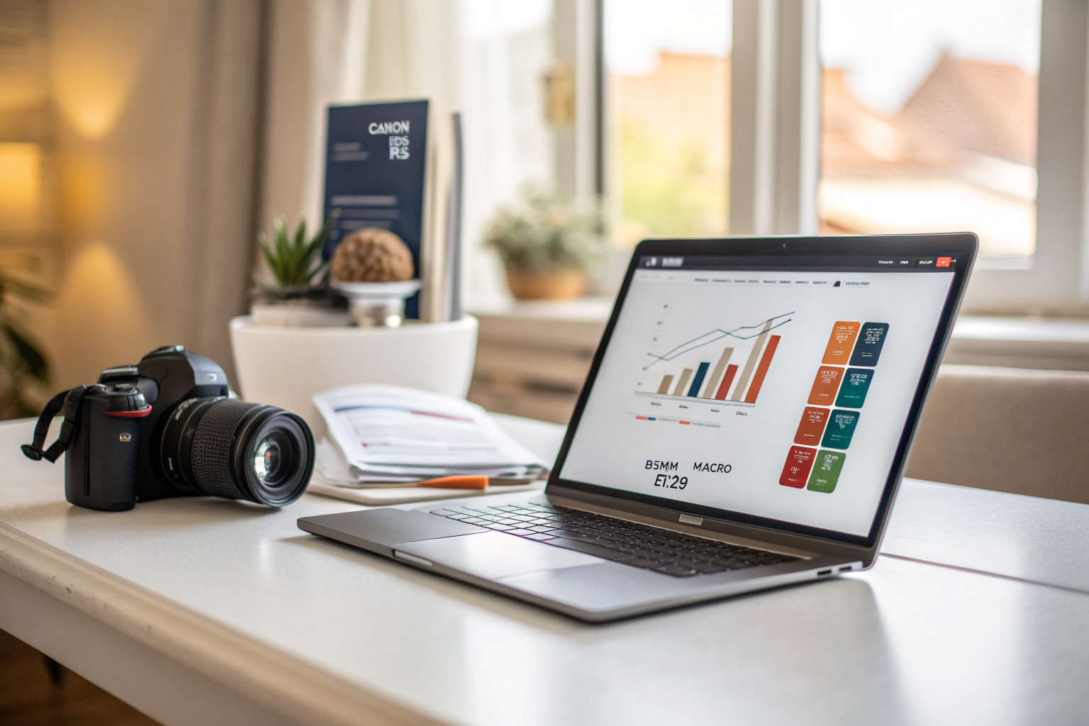 Close-up view of a laptop screen showing hospitality marketing analytics dashboard with booking graphs and performance metrics