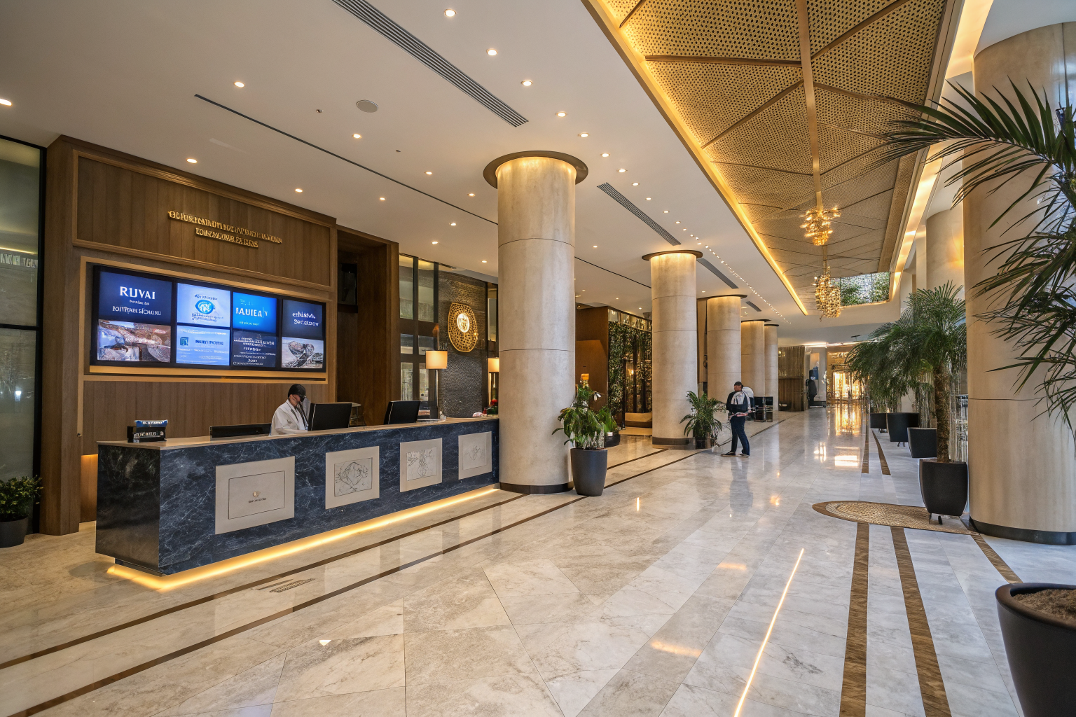 Eye-level view of a modern hotel lobby with digital marketing displays on reception screens