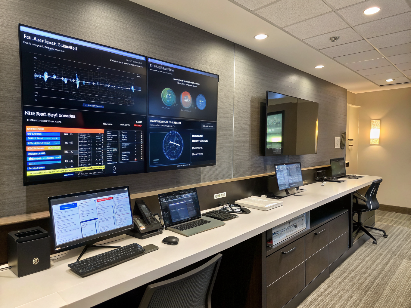 Hotel digital marketing command center with multiple screens showing personalization dashboards, mobile booking analytics, and video content production metrics