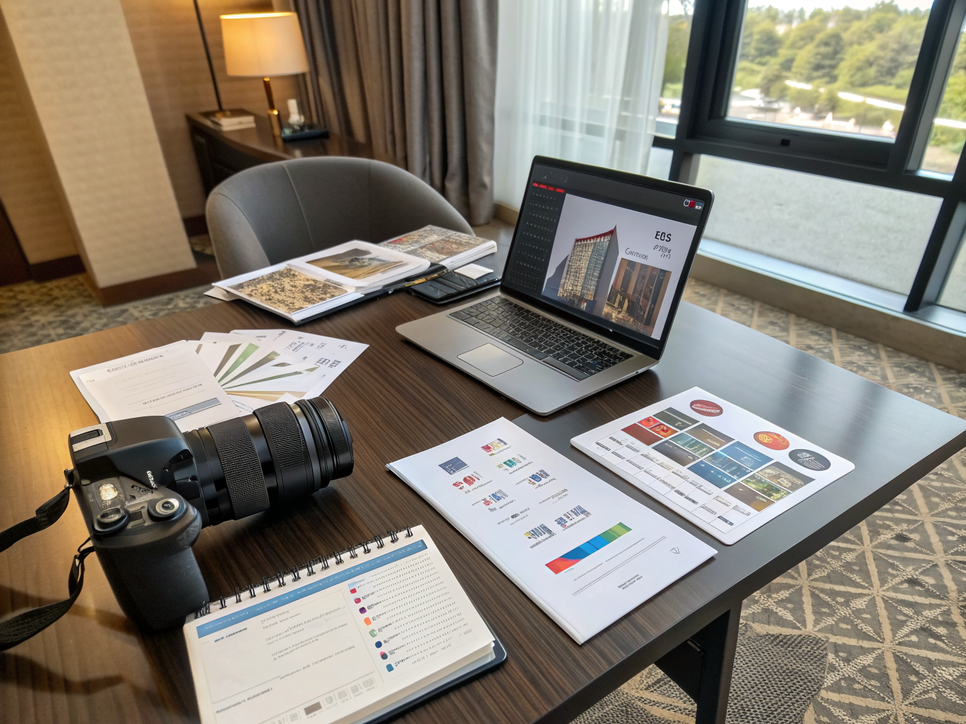 Hotel marketing strategy session with digital marketing documents, content calendars, audience research, and laptop showing analytics dashboard spread across a hotel desk
