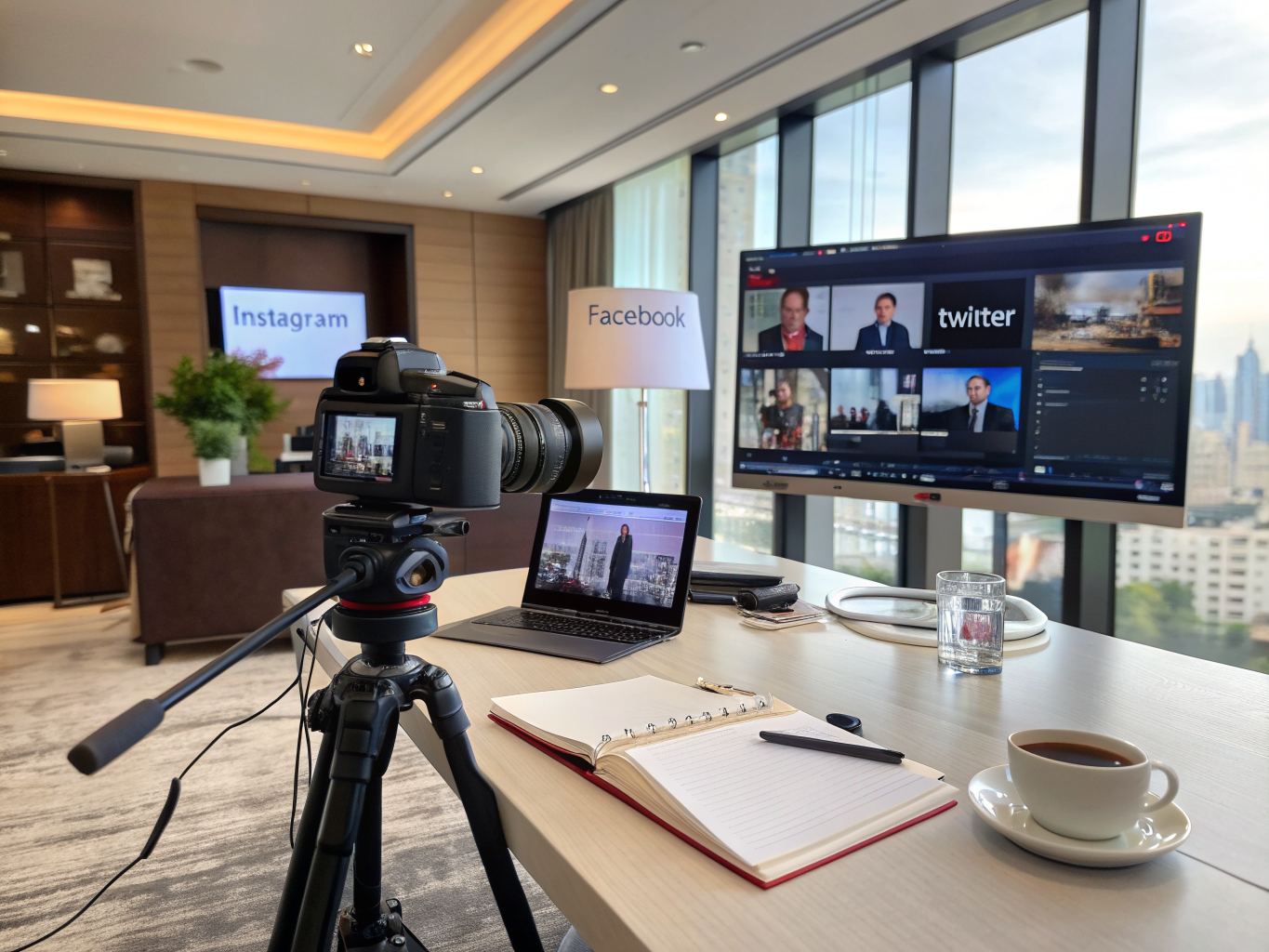 Hotel social media content creation workspace with screens showing Instagram, Facebook, and Twitter feeds alongside camera equipment and notebooks