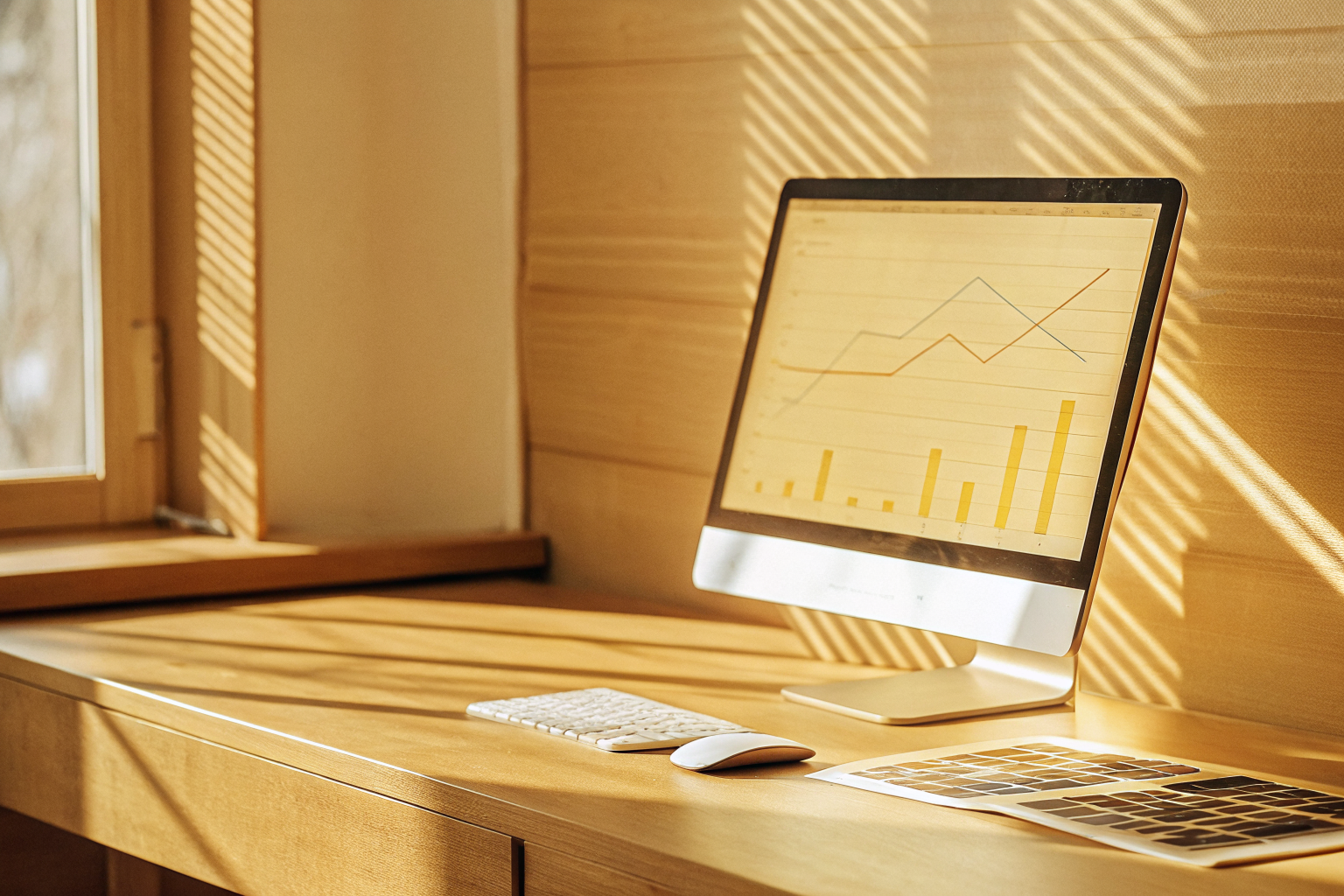 Marketing workspace with a monitor displaying hotel brand ROI analytics and revenue growth charts next to printed hospitality brand design mockups