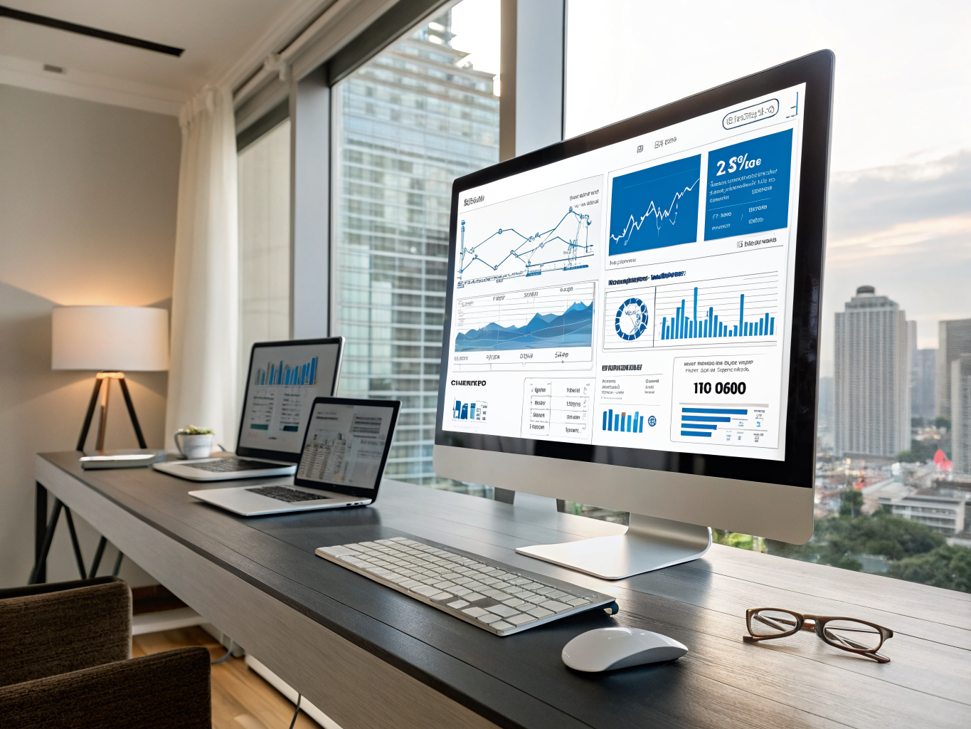 Hotel digital marketing analytics dashboard on multiple screens showing booking graphs and performance metrics