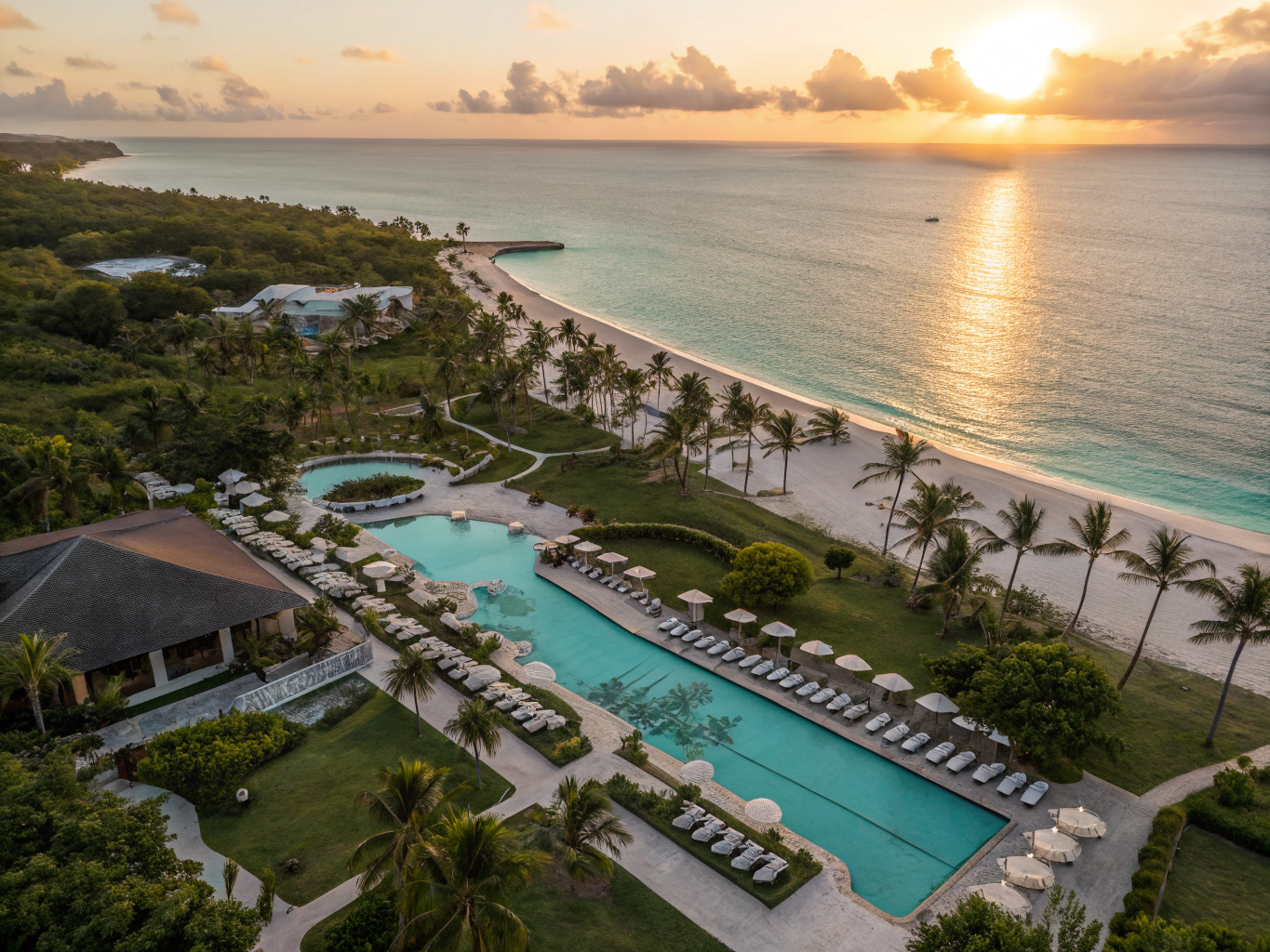 Aerial view of luxury beachfront resort with turquoise pools, palm gardens, and ocean at sunset