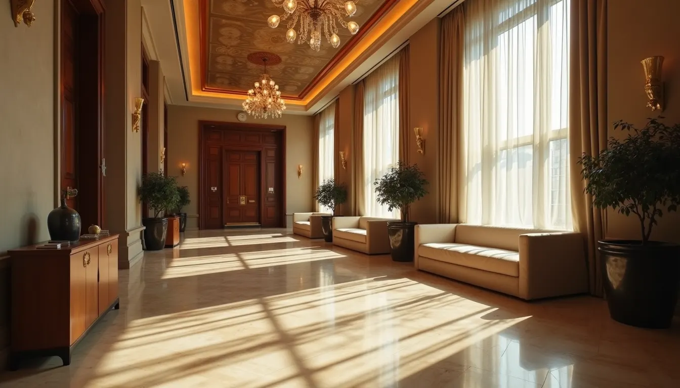 Eye-level view of a hotel lobby with modern decor and welcoming atmosphere