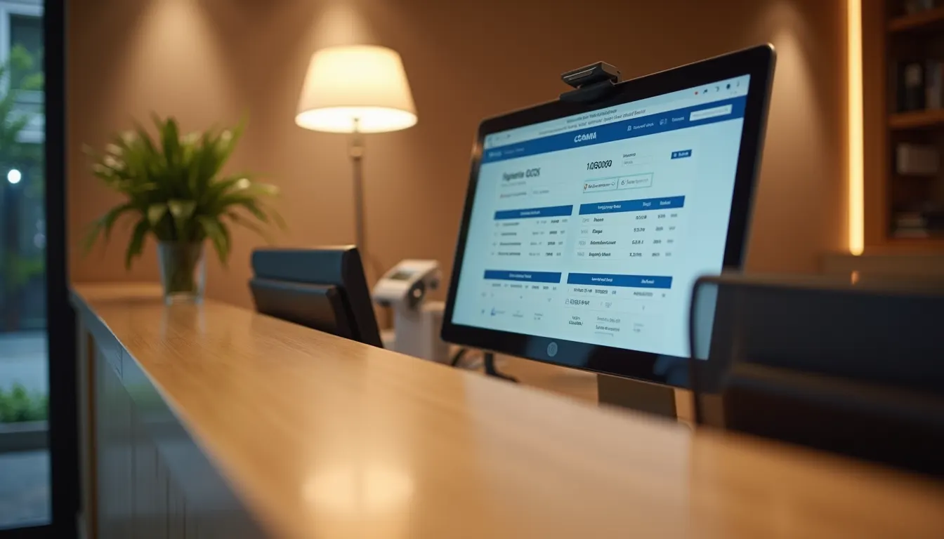 Eye-level view of a hotel reception desk with a computer showing booking software
